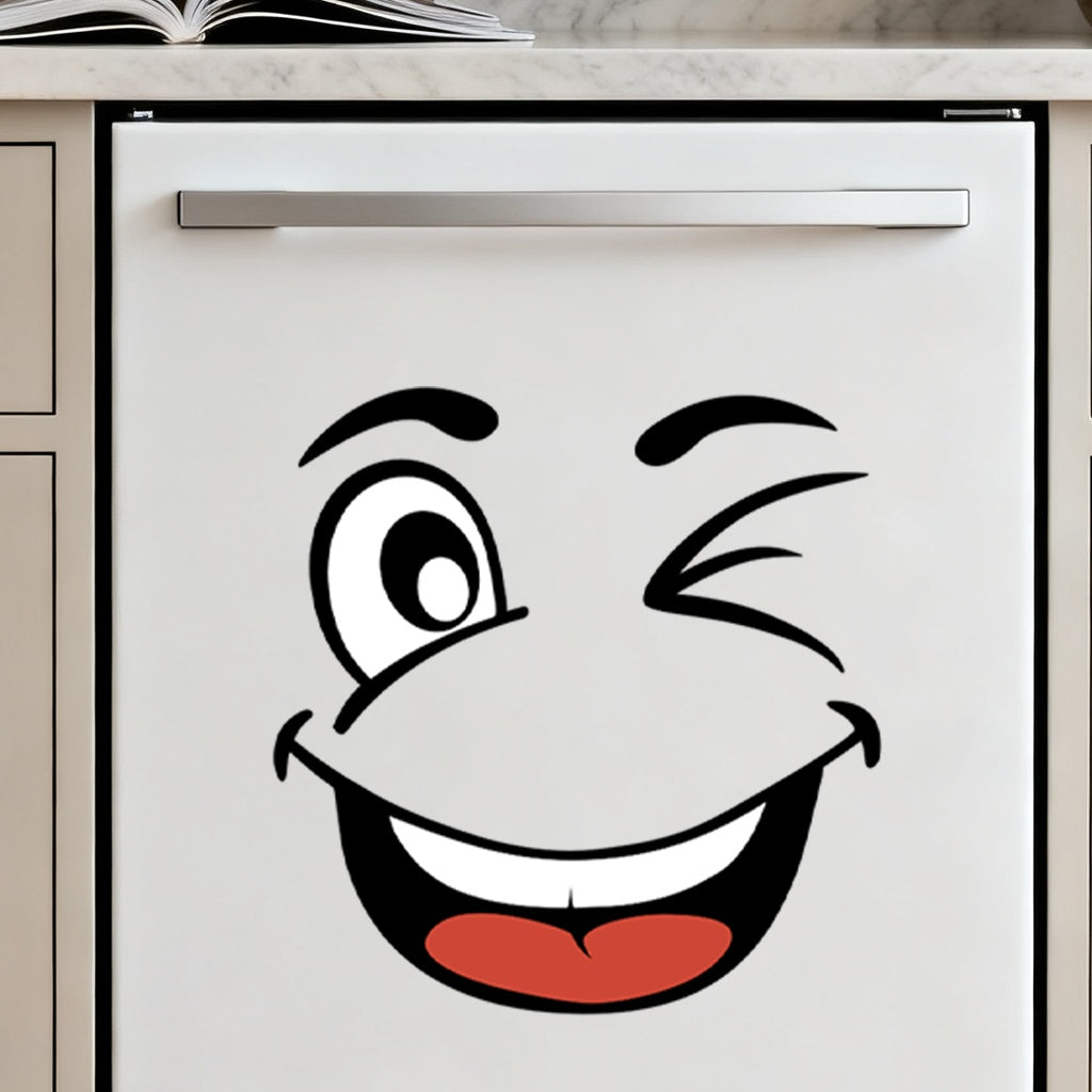 Cartoon Face Stickers Pack winking expression applied to a smooth white cabinet door