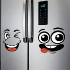 Cartoon Face Stickers Pack with winking and silly expressions applied to a silver refrigerator