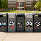 Cartoon Face Stickers Pack showing all five expressions across trash cans outside a school