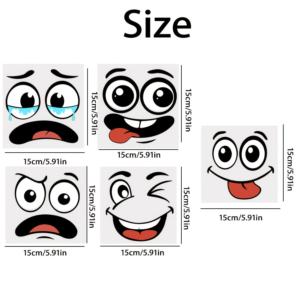 Cartoon Face Stickers Pack size guide showing each of the five decals measures 15 by 15 centimeters