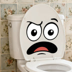 Cartoon Face Stickers Pack worried expression applied to a white toilet lid in a bathroom