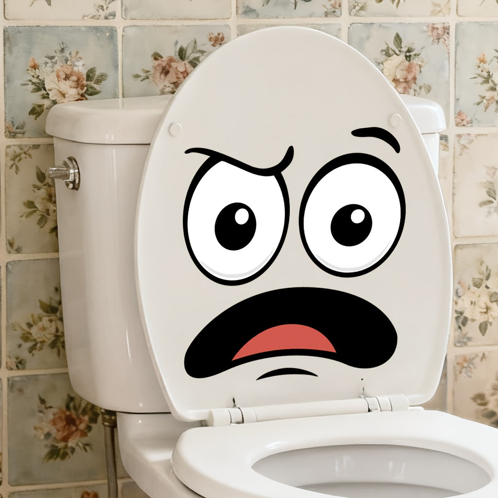 Cartoon Face Stickers Pack worried expression applied to a white toilet lid in a bathroom