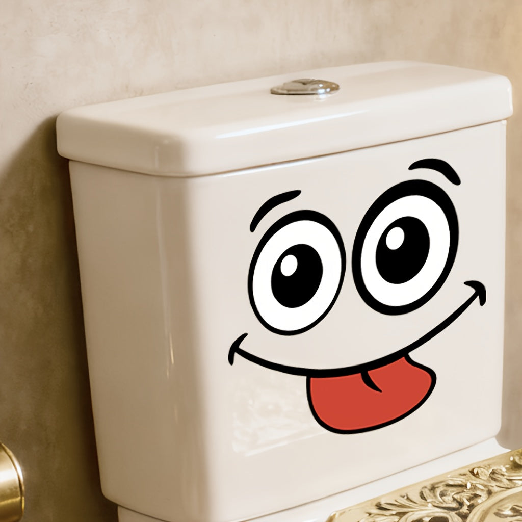Cartoon Face Stickers Pack smiling expression displayed on the front of a white toilet tank