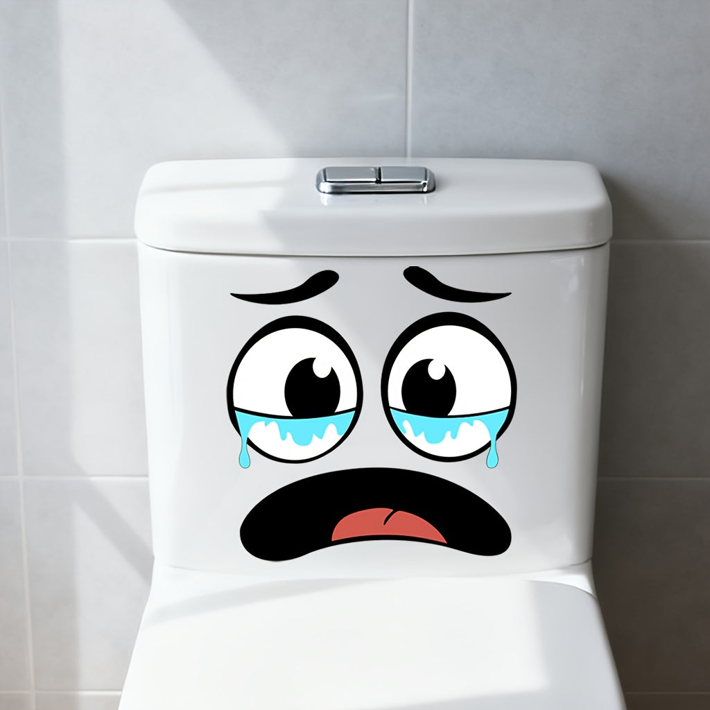 Cartoon Face Stickers Pack teary worried expression displayed on a white toilet tank