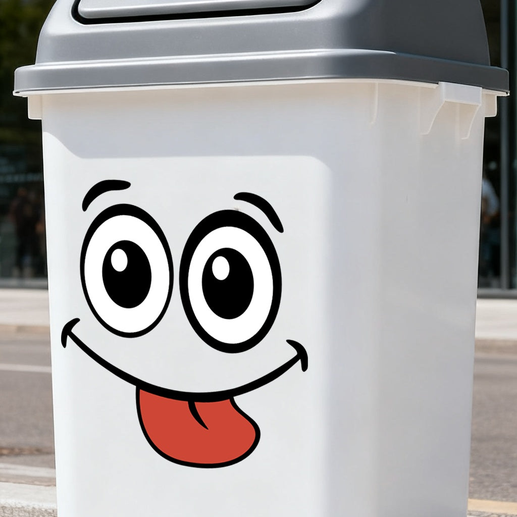 Cartoon Face Stickers Pack smiling tongue-out expression displayed on a white trash bin