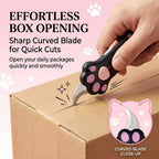 Cat Paw Box Cutter slicing packing tape on a carton, with an inset showing the curved silver blade.