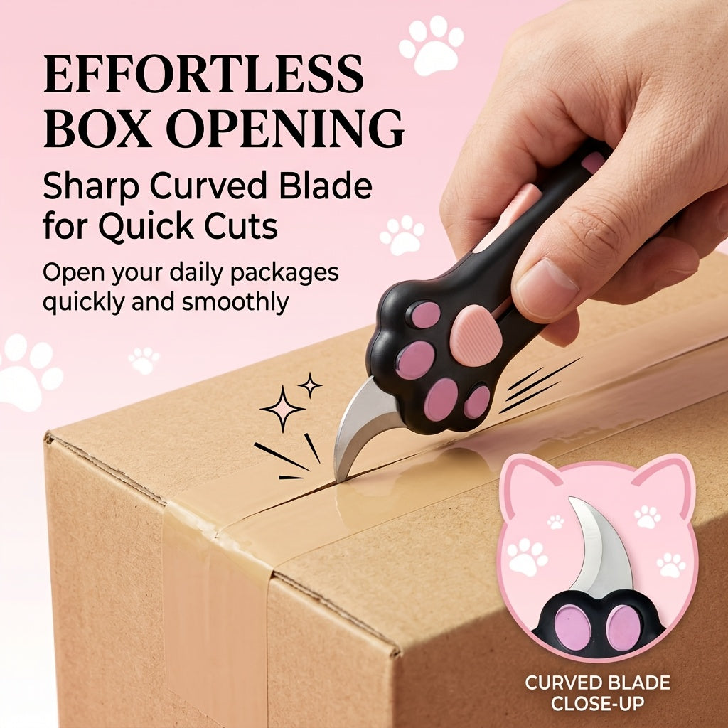 Cat Paw Box Cutter slicing packing tape on a carton, with an inset showing the curved silver blade.