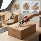 Cat Paw Box Cutter held over a taped carton on a desk, with blade detail and illustrated comparison panels.