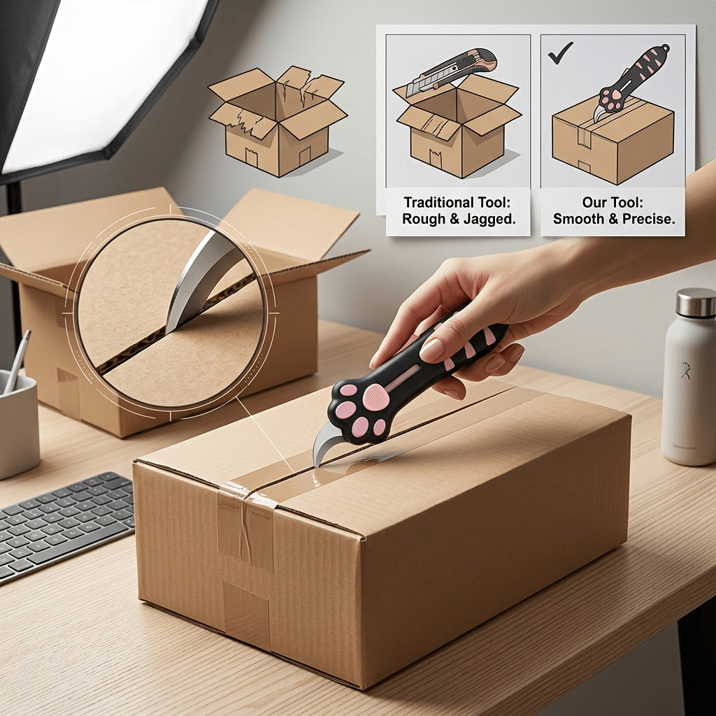 Cat Paw Box Cutter held over a taped carton on a desk, with blade detail and illustrated comparison panels.