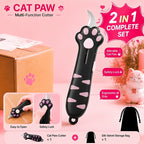 Cat Paw Box Cutter in black and pink with curved blade, slider, hanging hole and included black storage pouch.