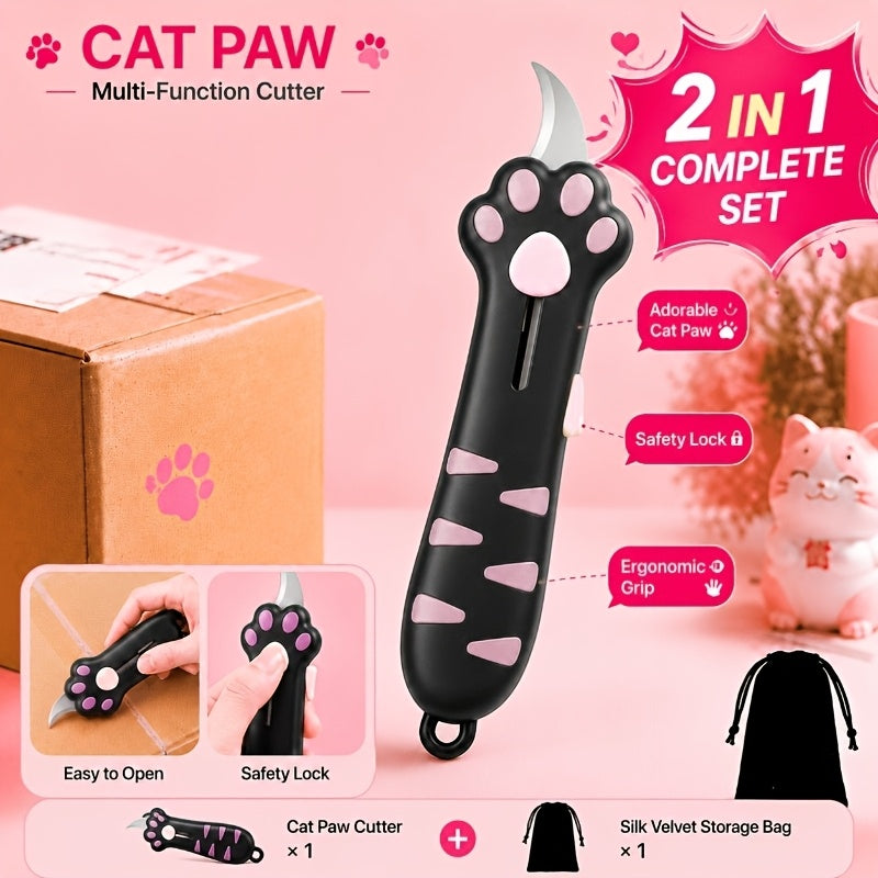 Cat Paw Box Cutter in black and pink with curved blade, slider, hanging hole and included black storage pouch.