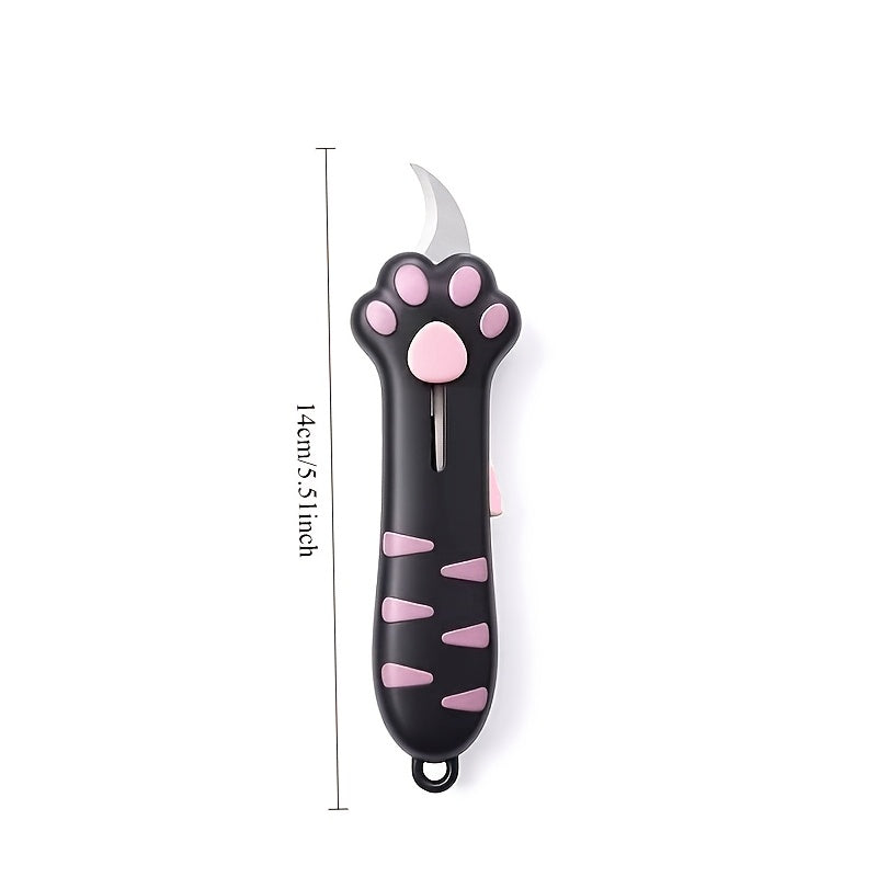 Cat Paw Box Cutter front view with extended curved blade and an illustrated 14 cm overall length guide.