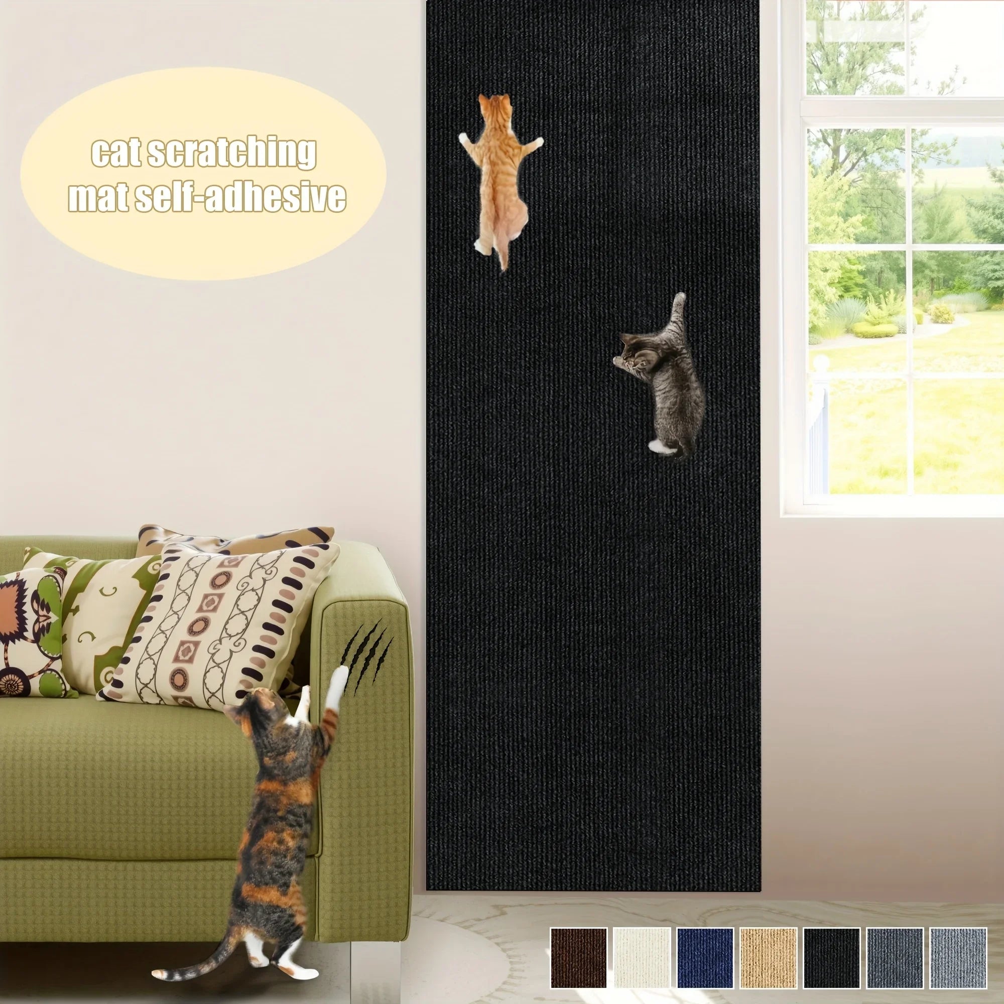 Cat Scratching Wall Mat in black shown installed vertically beside a sofa with climbing cats