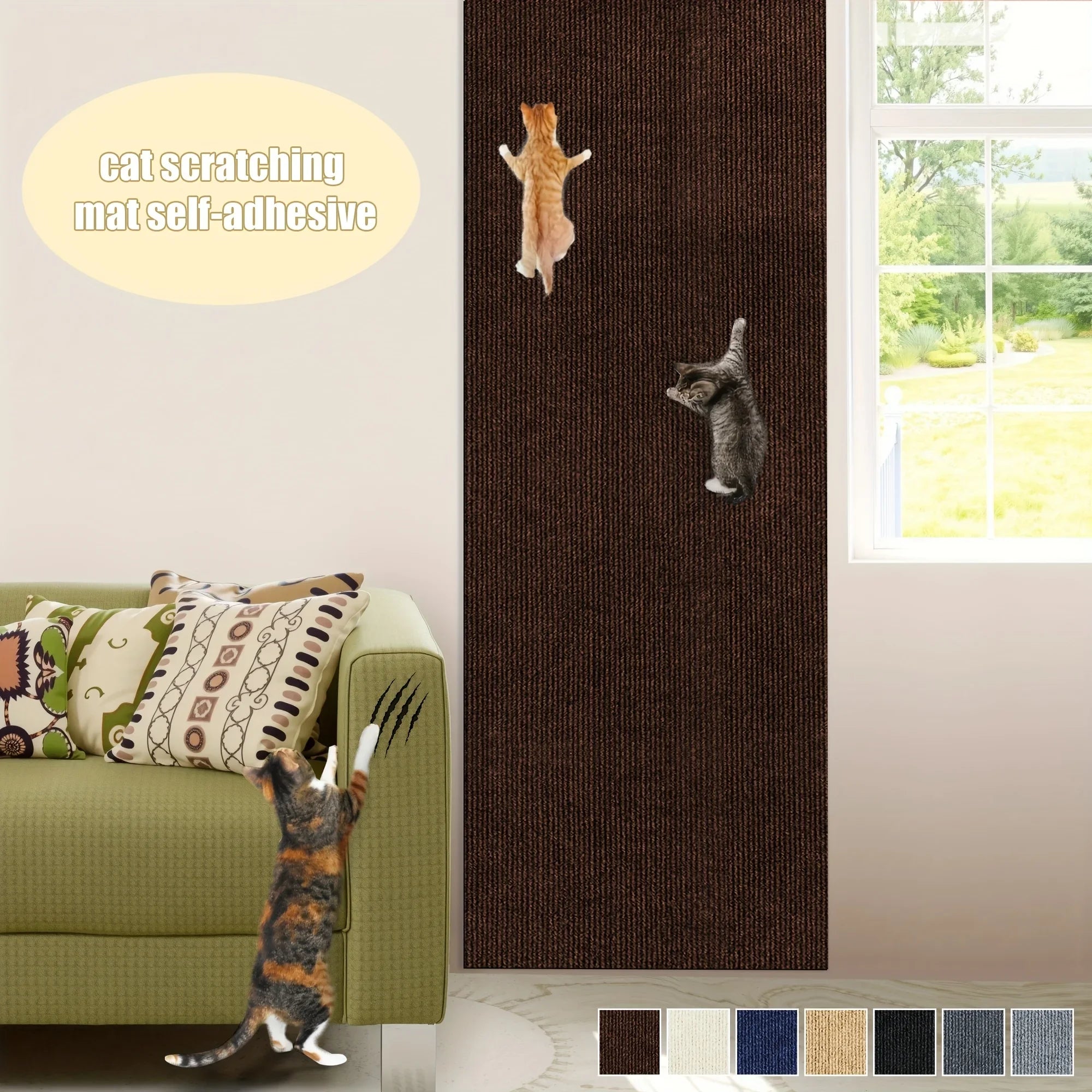 Cat Scratching Wall Mat brown variant displayed vertically beside a bright living-room window