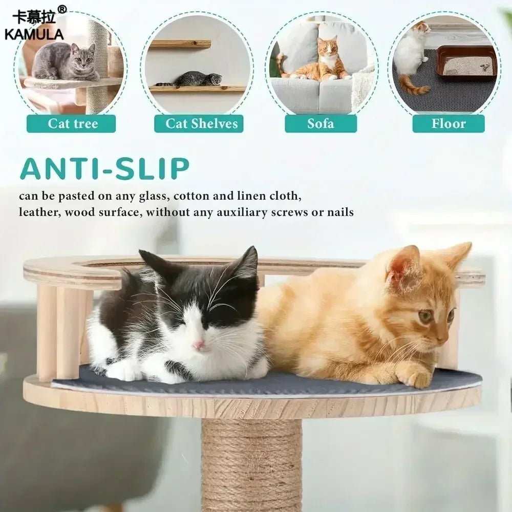 Cat Scratching Wall Mat supplier diagram showing use on a cat tree, shelves, sofa, and floor