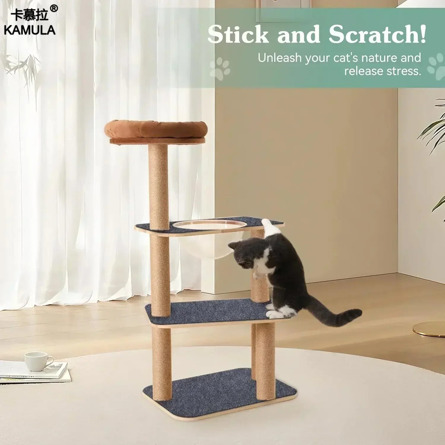 Cat Scratching Wall Mat installed on cat-tree platforms while a cat scratches and explores