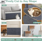 Cat Scratching Wall Mat guide showing cut-to-shape uses on a sofa, door, cat tree, and shelves