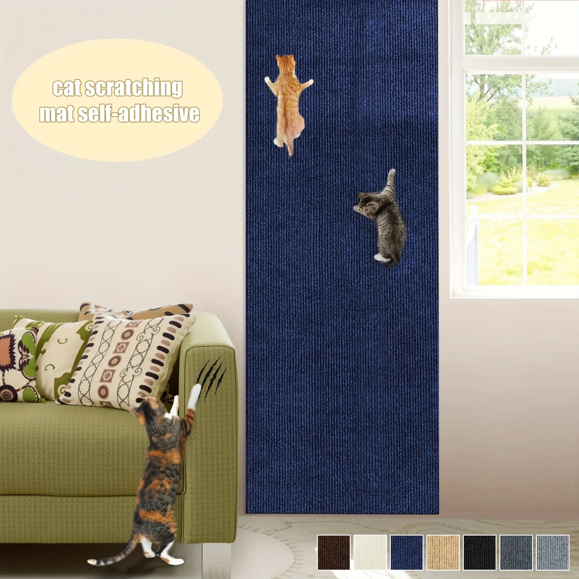Cat Scratching Wall Mat dark blue panel displayed beside a sofa with three active cats