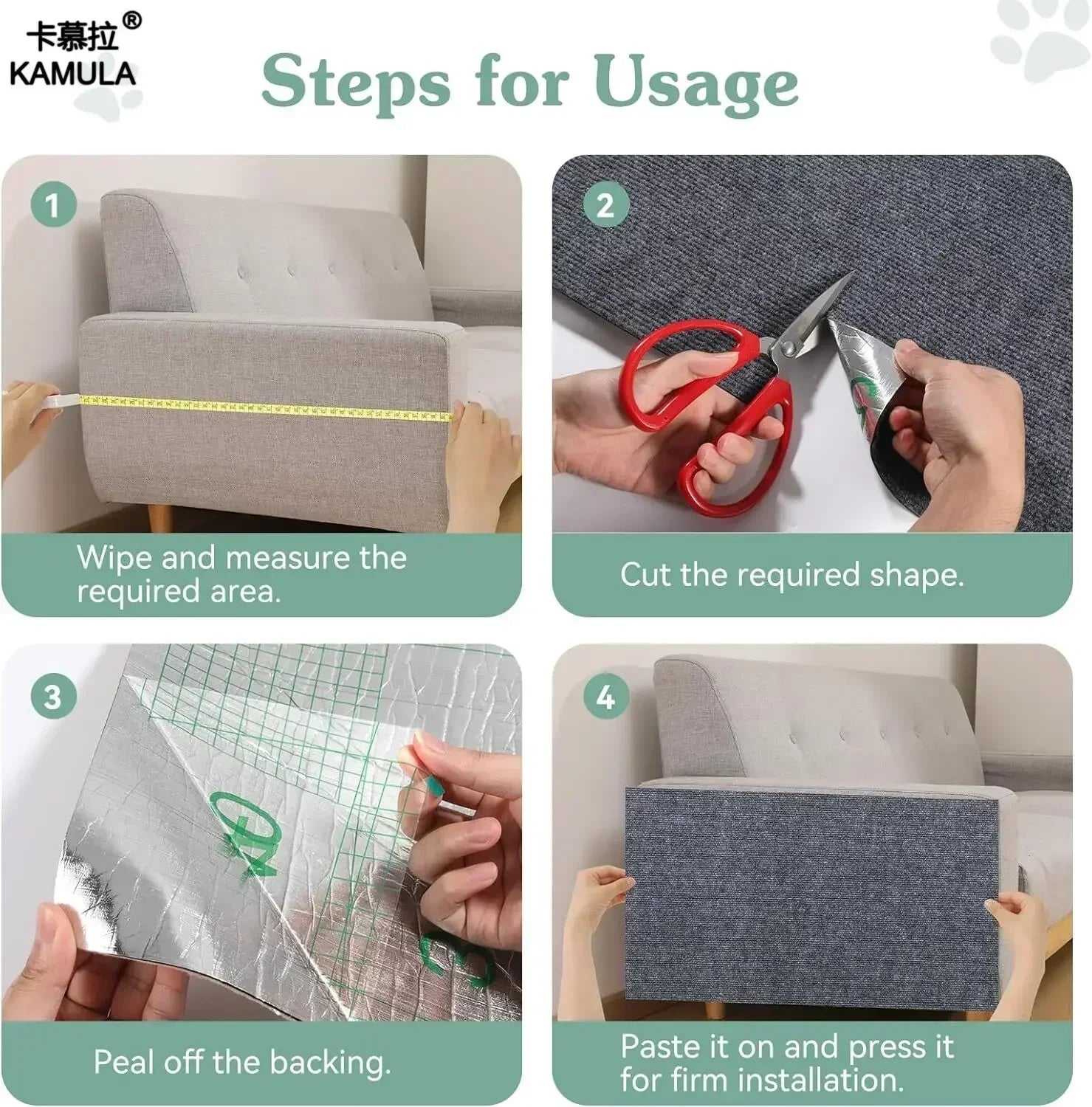 Cat Scratching Wall Mat installation guide showing measuring, cutting, peeling, and pressing in place