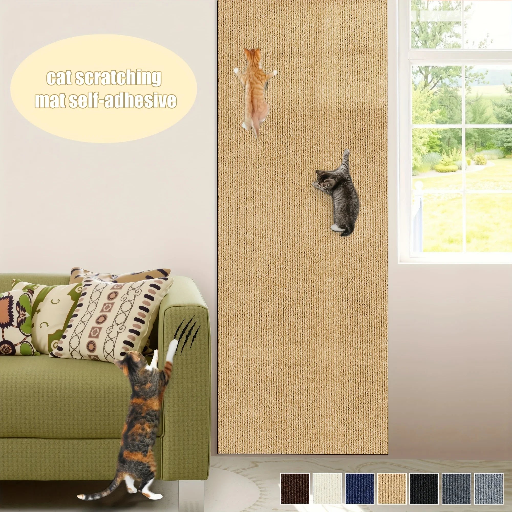 Cat Scratching Wall Mat in khaki shown as a tall wall panel with cats climbing and scratching