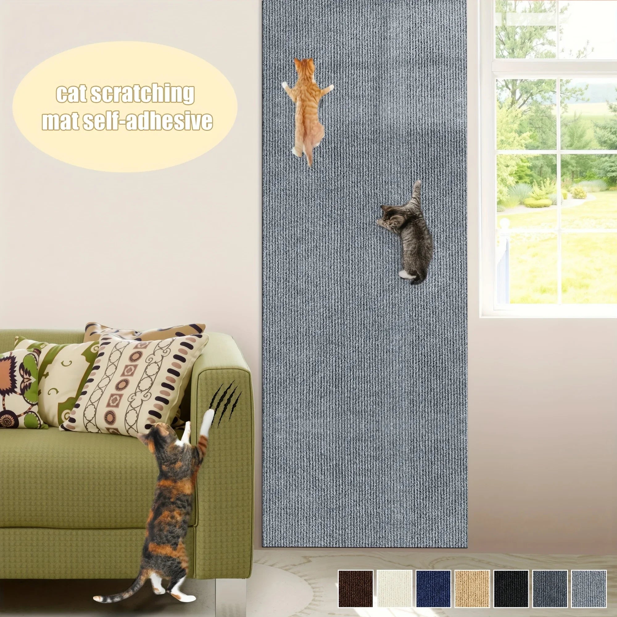 Cat Scratching Wall Mat in light gray shown as a tall wall panel with cats climbing and scratching