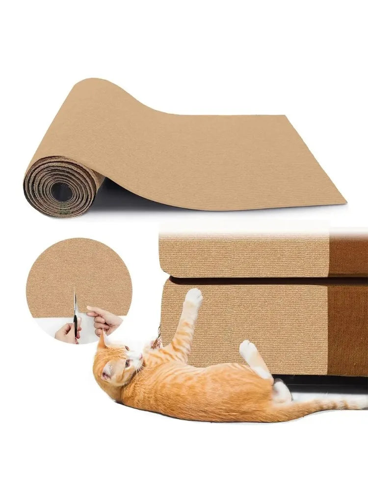 Cat Scratching Wall Mat shown as a trimmable roll and fitted around a sofa corner for scratching