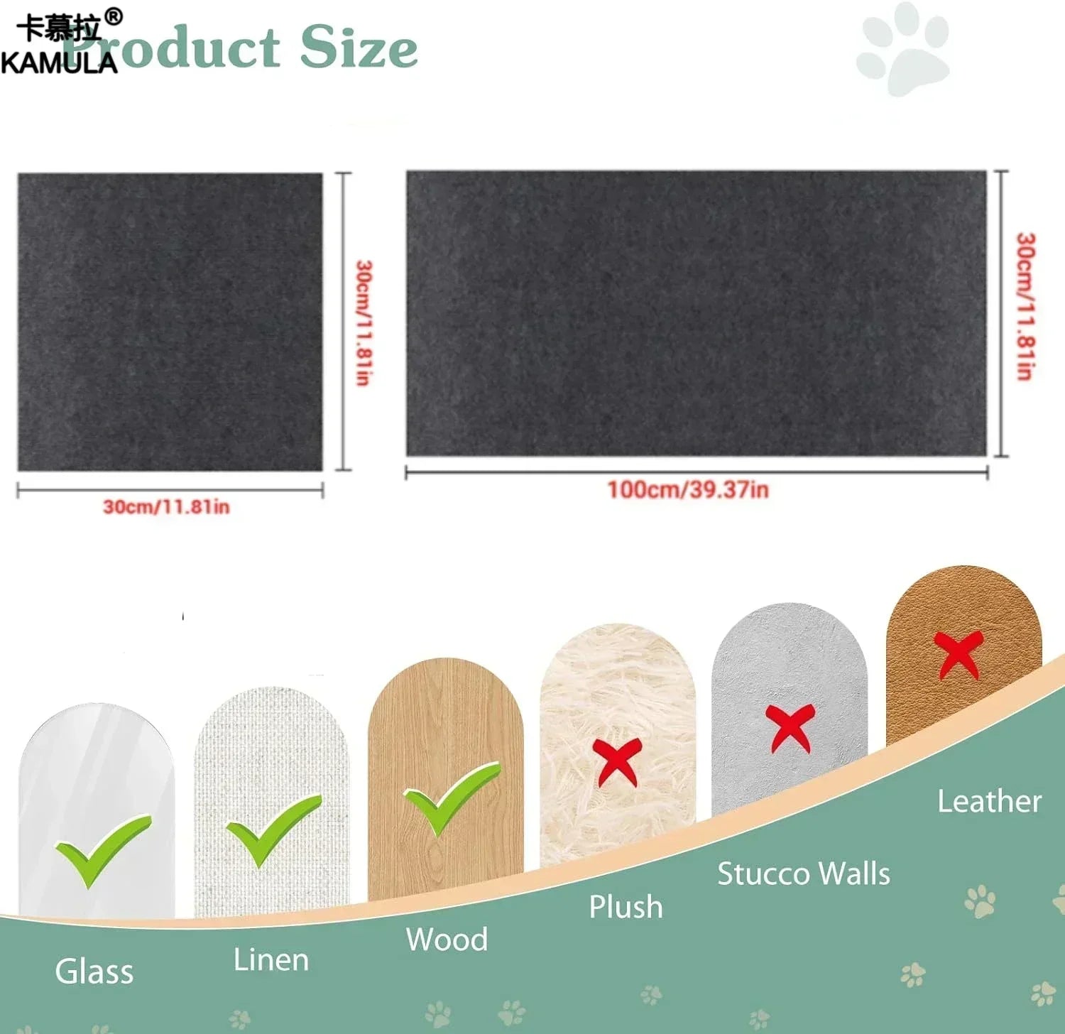Cat Scratching Wall Mat supplier guide showing sample dimensions and examples of suitable surfaces