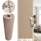 Cat Scratching Wall Mat product demonstration showing a roll, scissors, wall panel, and climbing cat