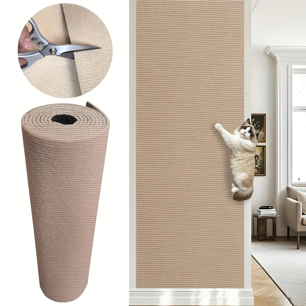 Cat Scratching Wall Mat product demonstration showing a roll, scissors, wall panel, and climbing cat