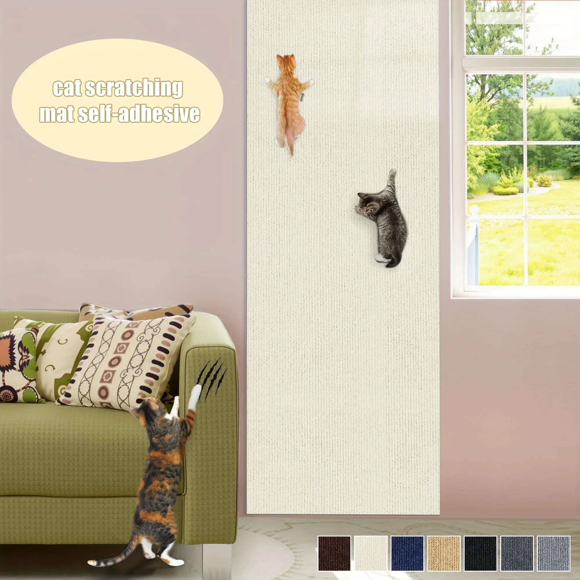 Cat Scratching Wall Mat in white shown as a tall vertical scratching panel with climbing cats