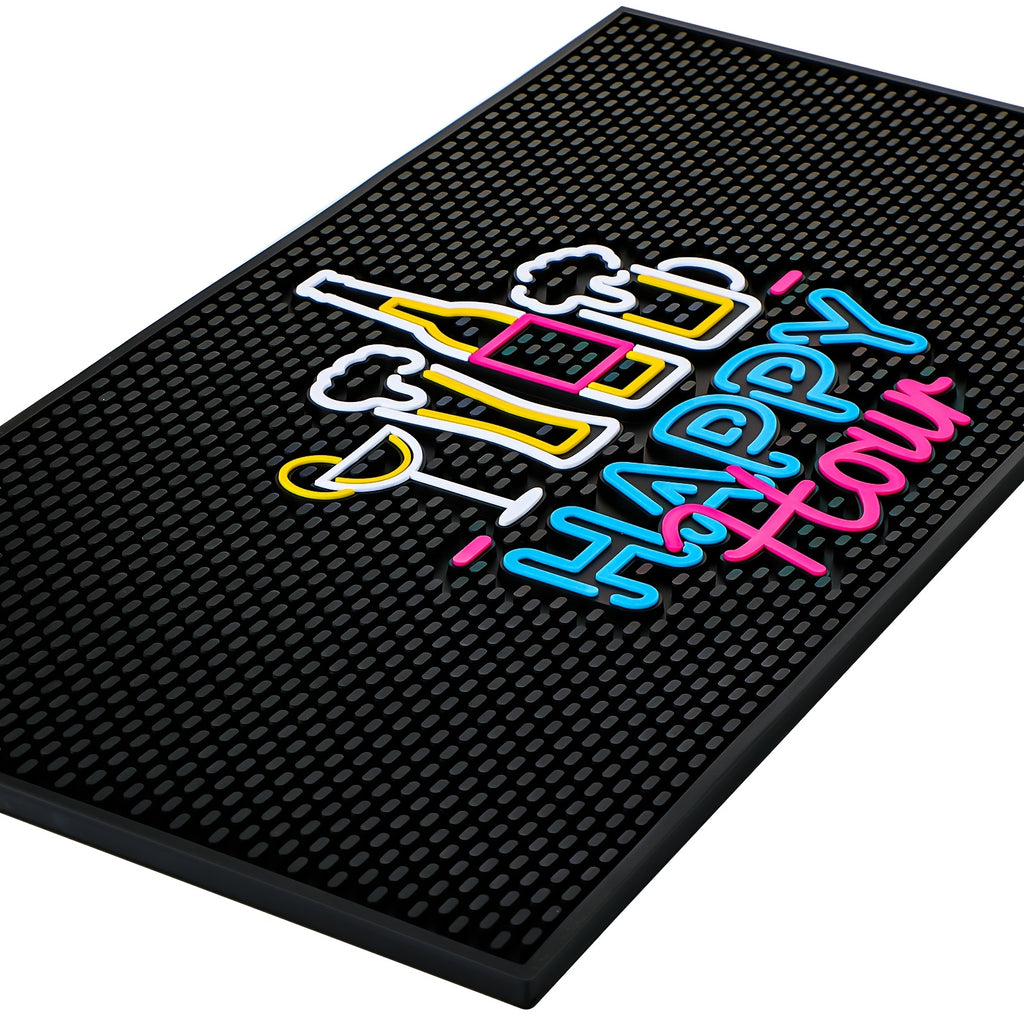 HighPeak Fluorescent Bar Mat in black with neon "Happy Hour" design and non-slip rubber grip for bar use