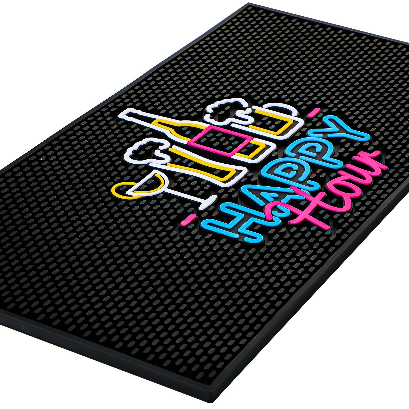 HighPeak Fluorescent Bar Mat in black with neon "Happy Hour" design and non-slip rubber grip for bar use