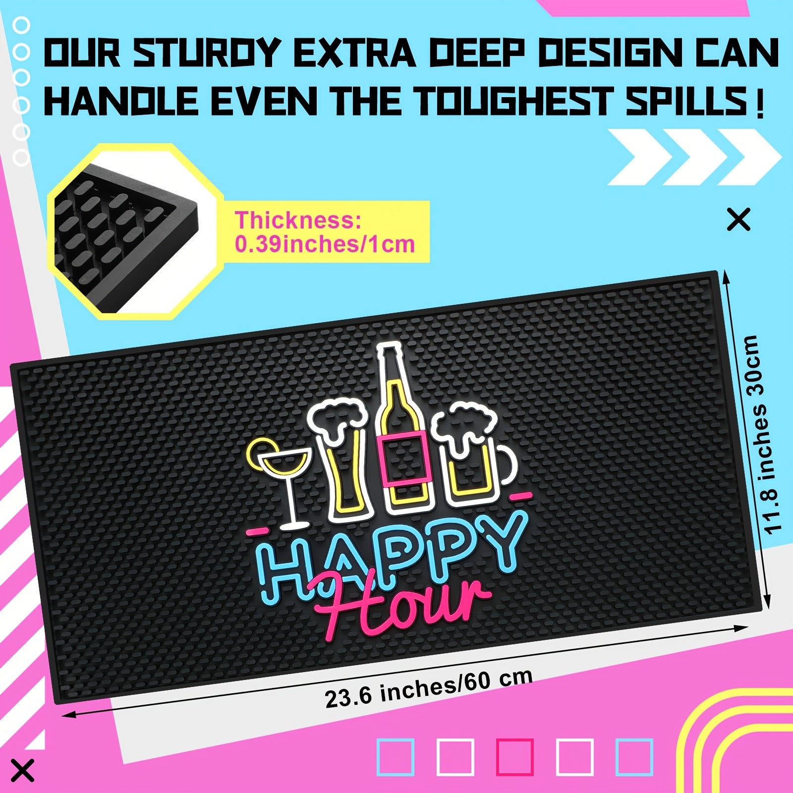 HighPeak Fluorescent Bar Mat black with neon Happy Hour print, extra thick rubber grip for spill-proof bar use