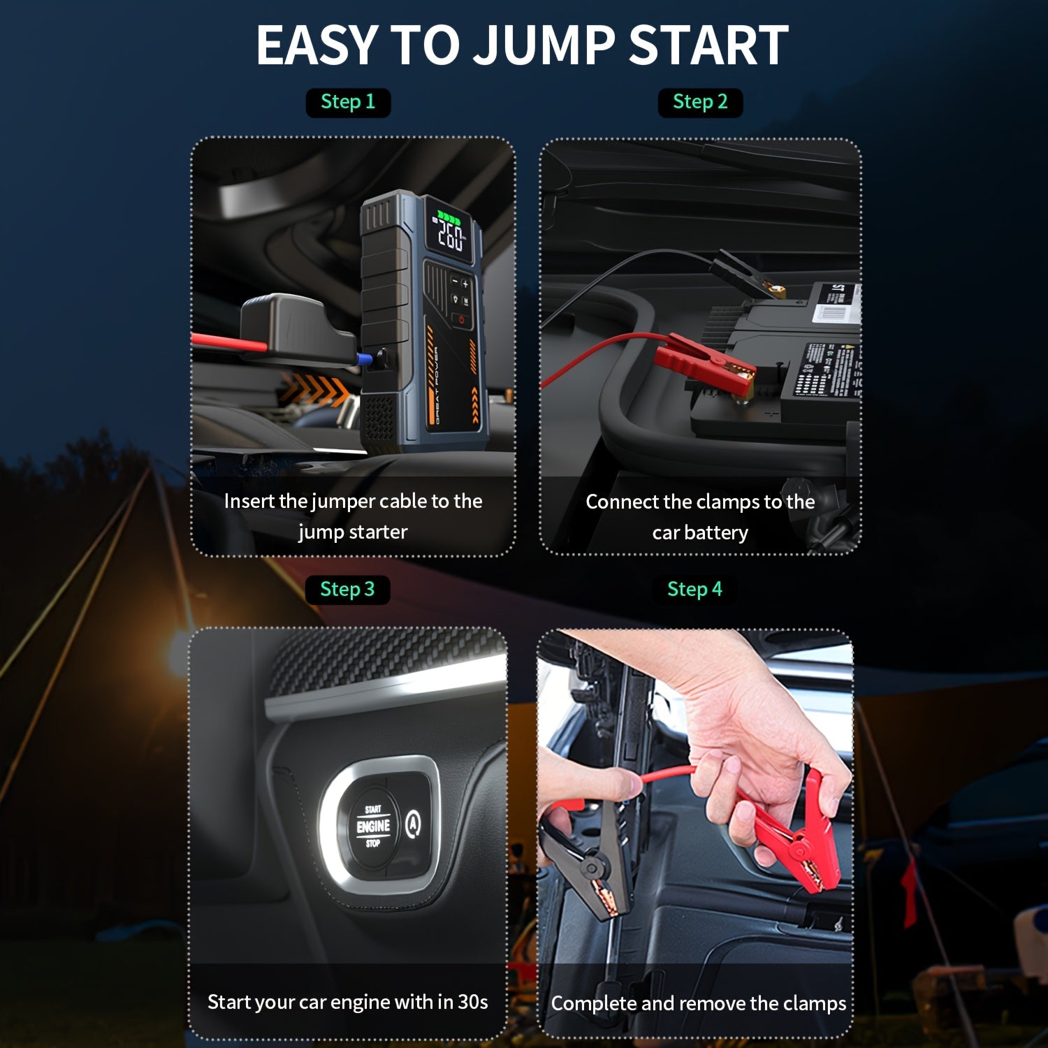 RoadRevive™ jump starter with digital display and red clamps connected to car battery in a nighttime roadside setting.
