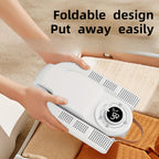 ShoeJet™ shoe dryer in white with foldable arms being stored on a beige surface, showcasing compact design by HighPeak.