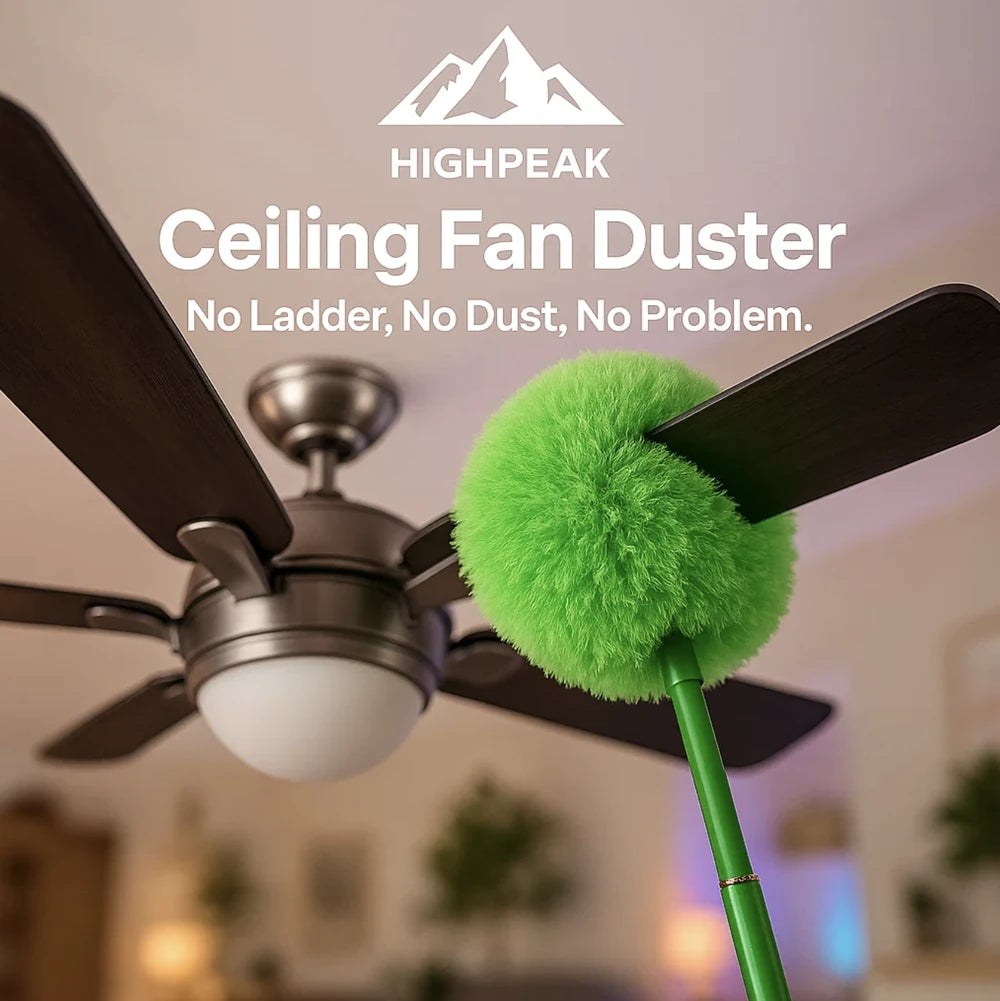 HighPeak Ceiling Fan Duster with green microfiber head cleaning dark fan blades in a living room setting