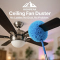 HighPeak Ceiling Fan Duster with blue microfiber head cleaning dark fan blades in a living room setting
