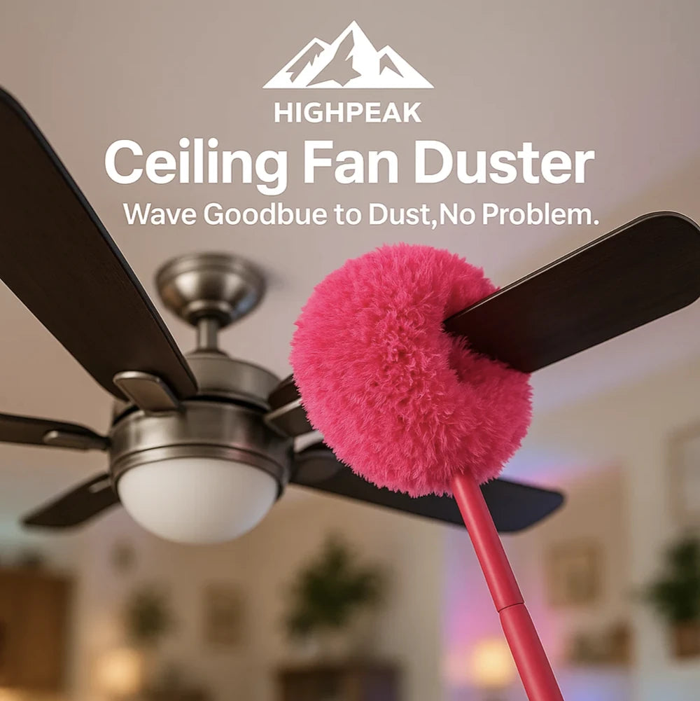HighPeak Ceiling Fan Duster with pink microfiber head cleaning dark wood fan blades in a cozy living room setting
