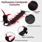 Centipede Pet Costume feature guide showing padded segments, fabric, hook-and-loop fastening, antennae and legs.