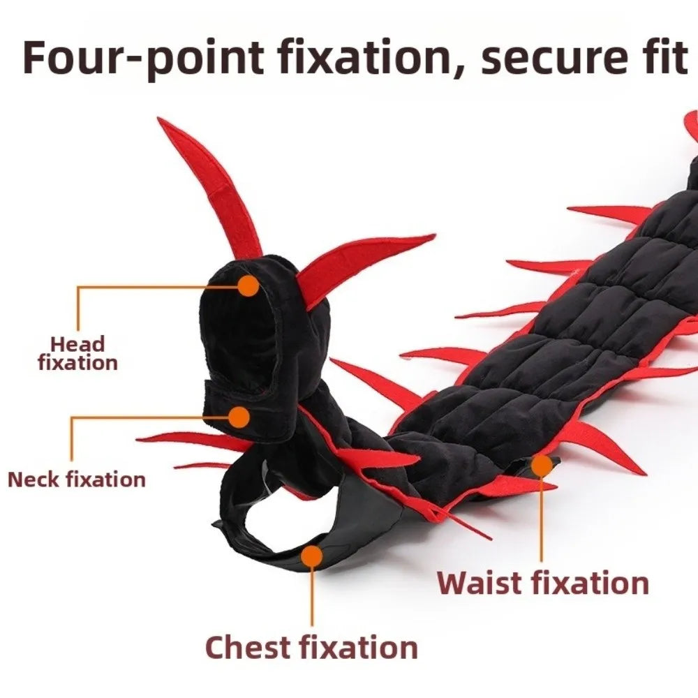 Centipede Pet Costume diagram identifying head, neck, chest and waist fastening points on the Red option.