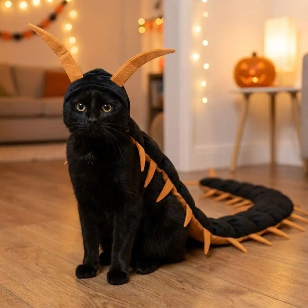 Centipede Pet Costume in Gold worn by a seated black cat beside Halloween lights and a pumpkin.