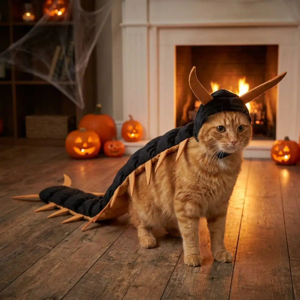 Centipede Pet Costume in Gold worn by an orange tabby in front of a fireplace and Halloween pumpkins.