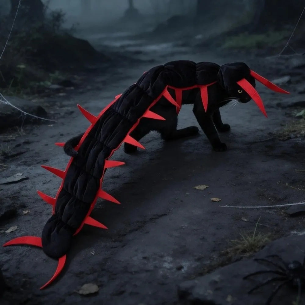 Centipede Pet Costume in Red worn by a black cat on a dark, cobweb-decorated path.