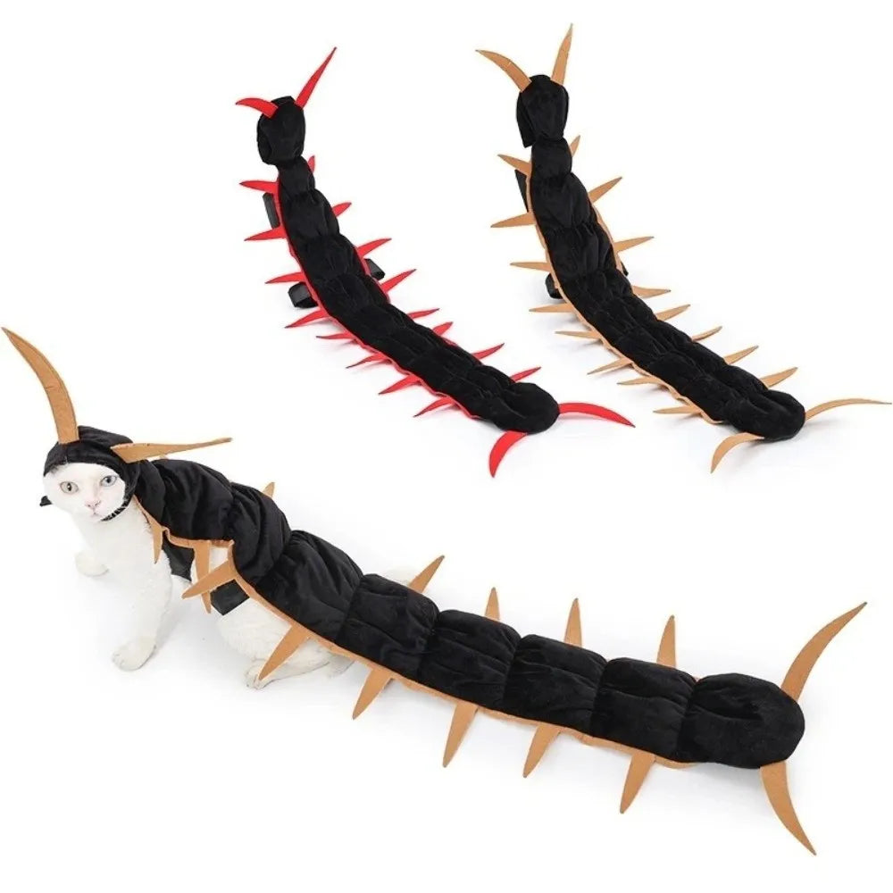 Centipede Pet Costume comparison showing Red and Gold options, plus a white cat wearing the Gold costume.