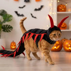 Centipede Pet Costume in Red worn by a walking orange tabby against pumpkin and bat decorations.