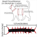 Centipede Pet Costume size chart showing 127 × 29 cm dimensions and head, neck, chest and waist measurements.