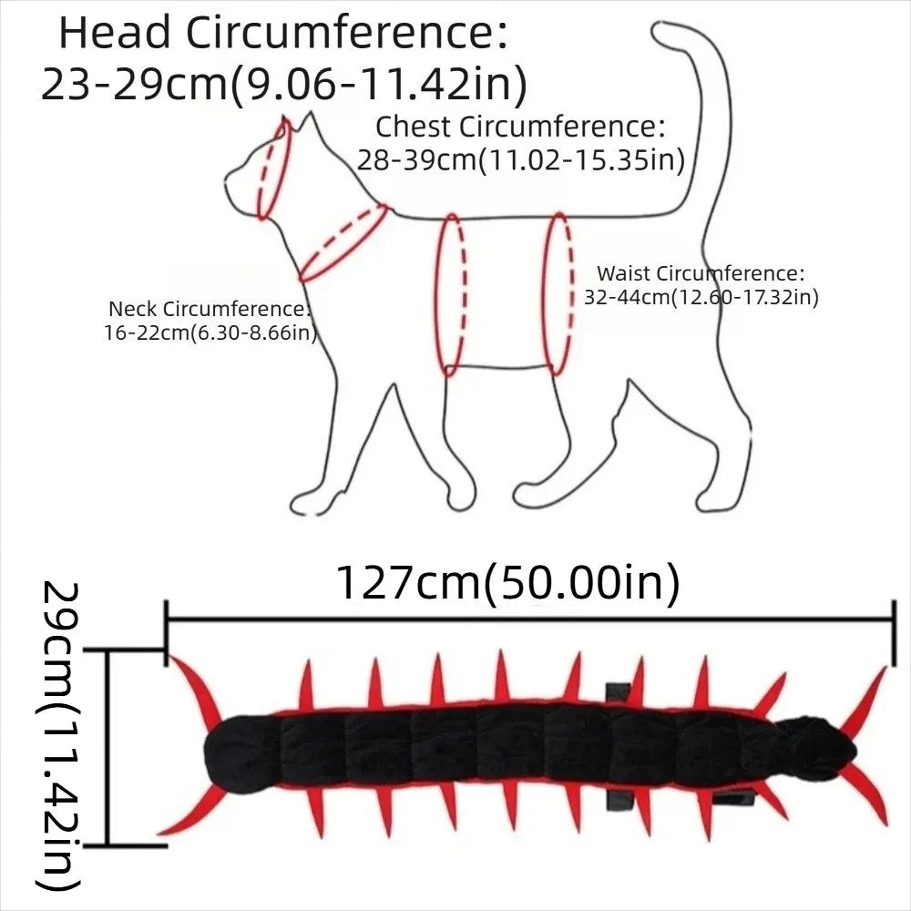 Centipede Pet Costume size chart showing 127 × 29 cm dimensions and head, neck, chest and waist measurements.