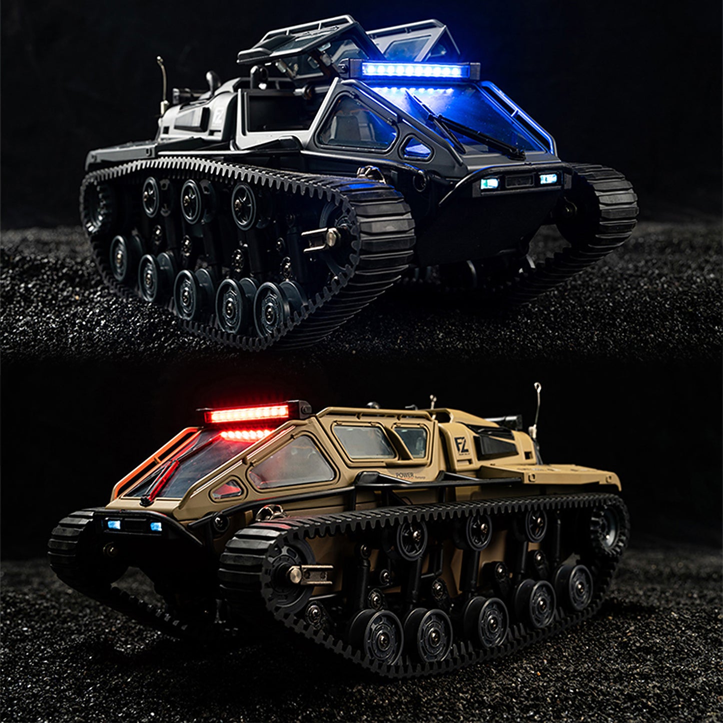 WarBeast RC Tank in black and tan with LED lights and alloy details on rugged terrain by HighPeak