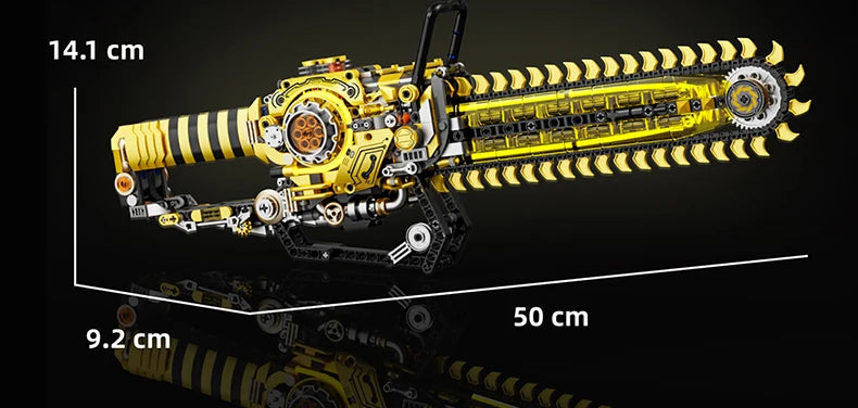 Chainsaw Building Block Set size diagram showing 50 cm length, 9.2 cm width and 14.1 cm height.