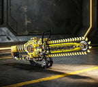 Yellow and black Chainsaw Building Block Set displayed on a factory-style floor, chain bar pointing right.